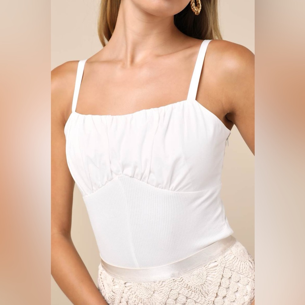 NWT Lulu’s Breezy Smiles Ivory Poplin Ribbed Knit Cami Top
